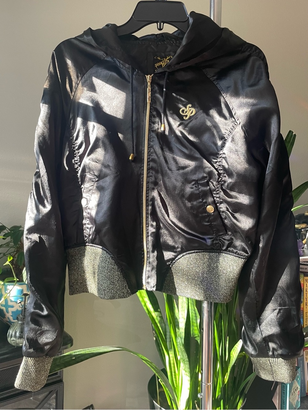 Y2K Black Satin Hooded Bomber Jacket with Gold Accents